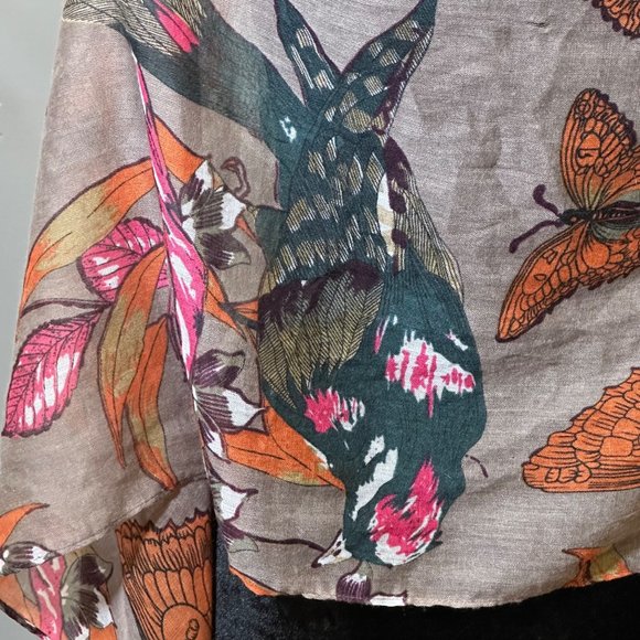 Unbranded Scarf Womens Long Rectangle Bird Butterfly Brown Green Fringe - Picture 8 of 9